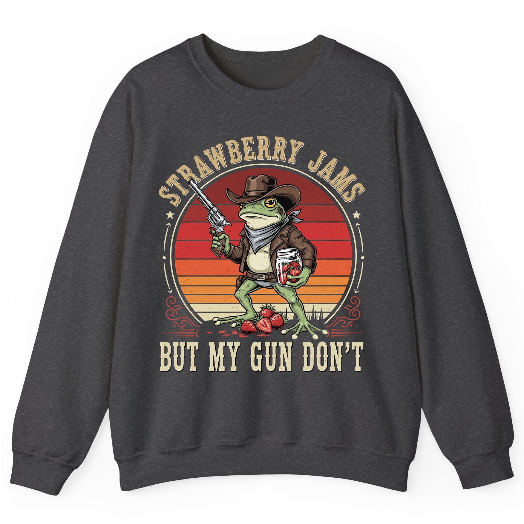 Strawberry Jams but My Gun Don't cowboy frog Sweatshirt Dark Heather product mockup