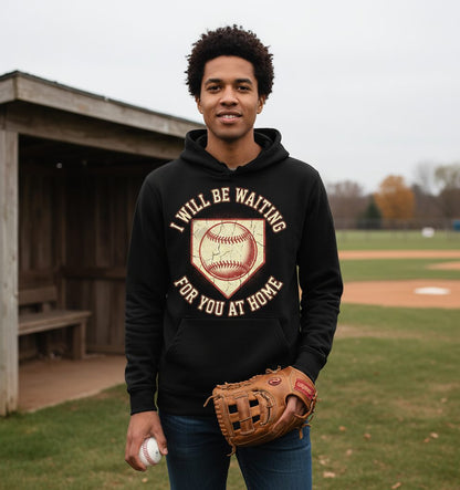 I Will Be Waiting for You at Home baseball Hoodie Black lifestyle mockup