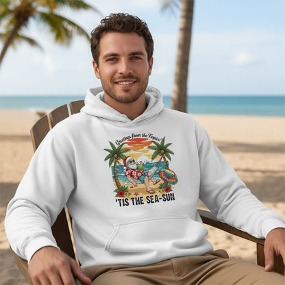 Greetings from the Tropics 'Tis the Sea-Sun santa claus on a tropical vacation Hoodie White lifestyle mockup