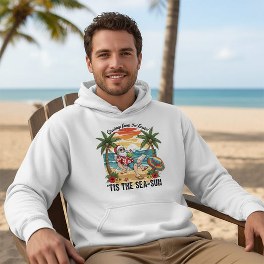 Greetings from the Tropics 'Tis the Sea-Sun santa claus on a tropical vacation Hoodie White lifestyle mockup