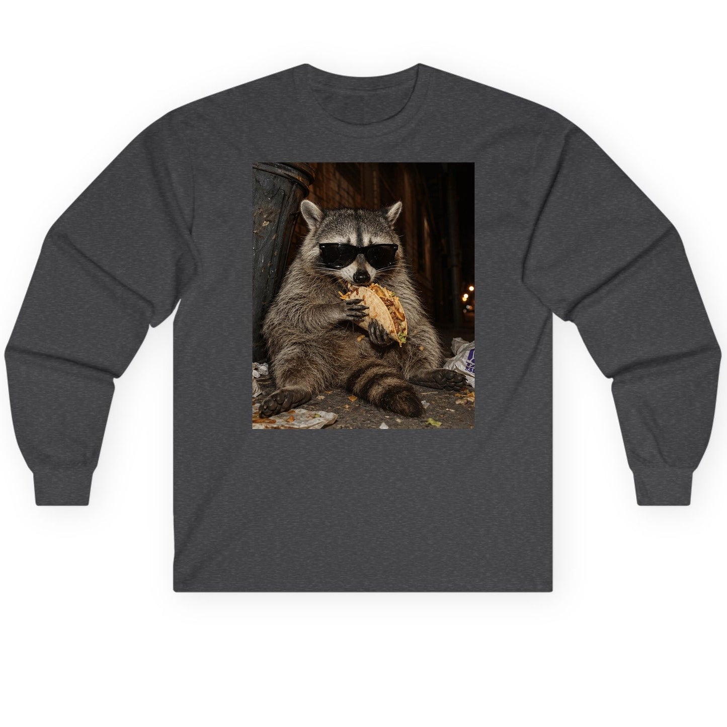 Raccoon Eating Taco Funny Animal Lovers Long Sleeve Tee - product mockup - Dark Heather