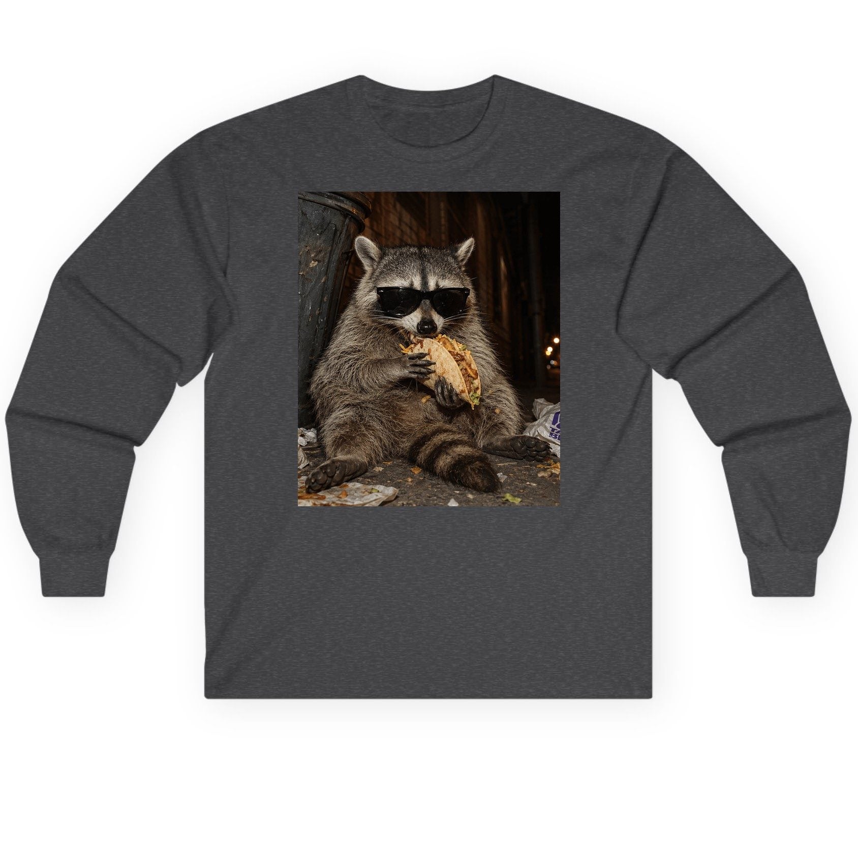 Raccoon Eating Taco Funny Animal Lovers Long Sleeve Tee - product mockup - Dark Heather
