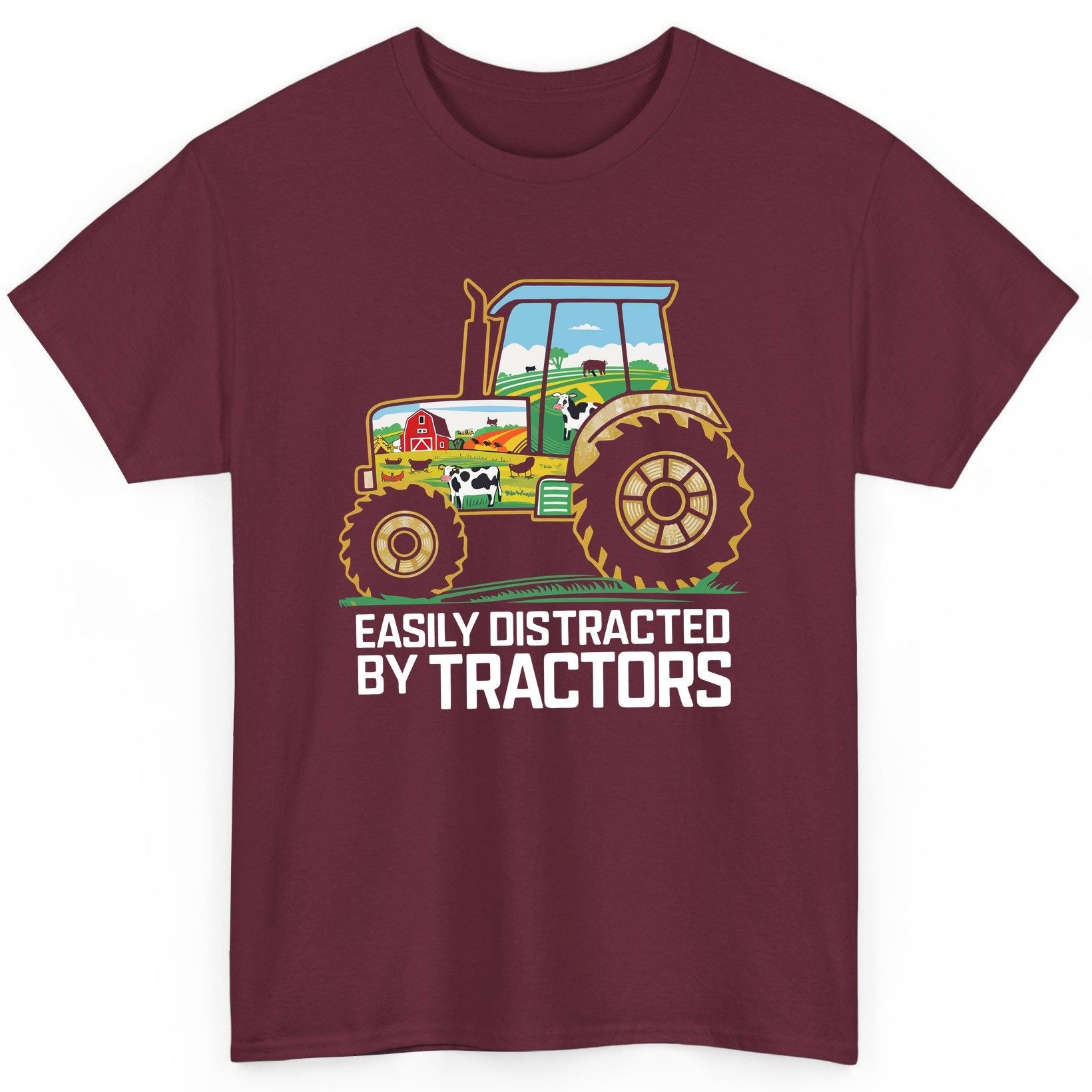 Easily Distracted by Tractors farming T-Shirt Maroon product mockup