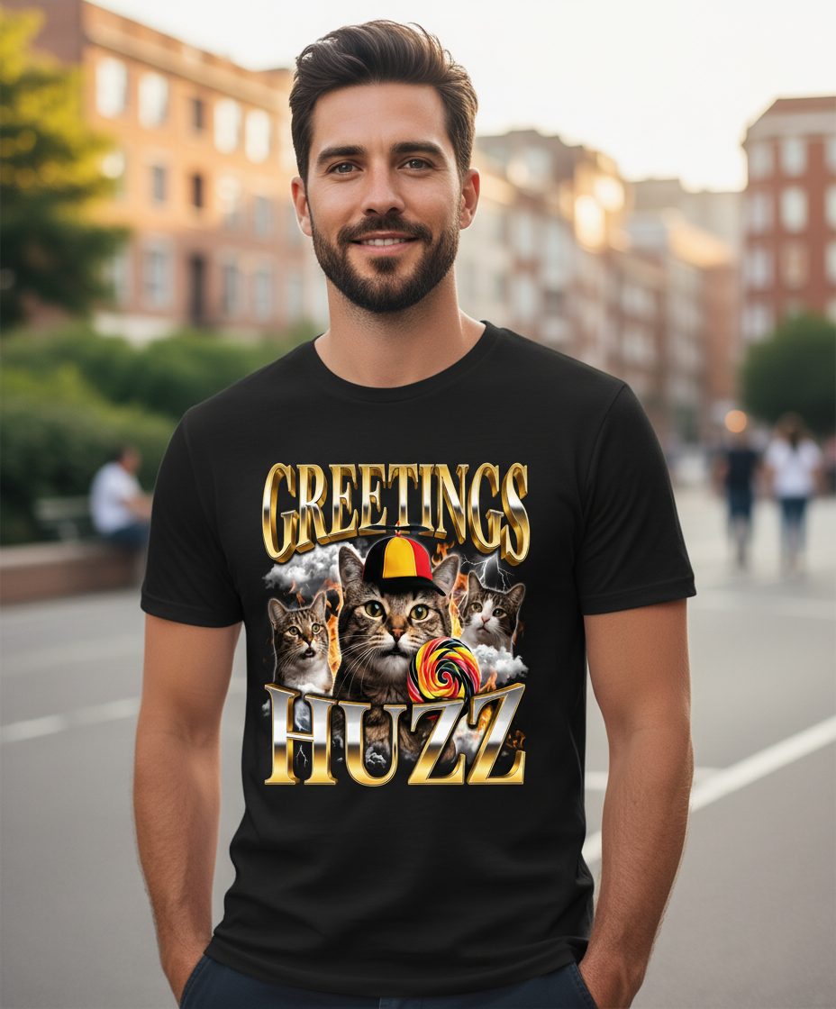 Greetings HUZZ Funny Cats T-Shirt - lifestyle model mockup - Black