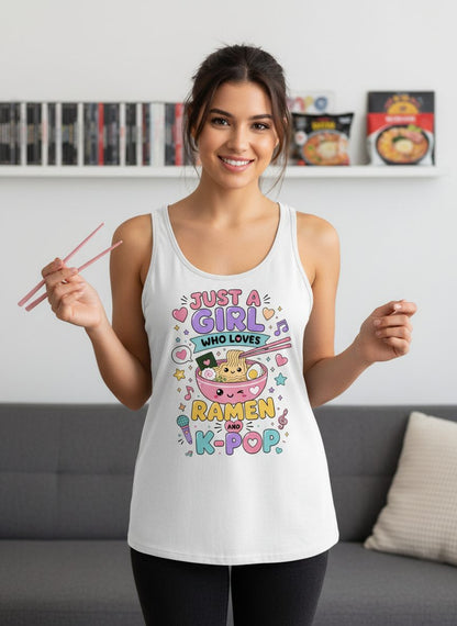 Just a Girl Who Loves Ramen and K-Pop Fans Tank Top - lifestyle model mockup - White