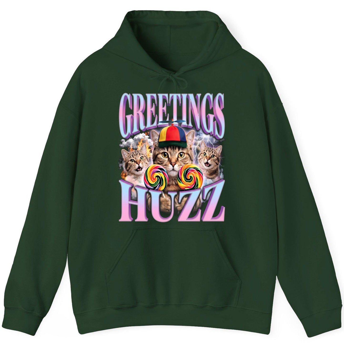 Greetings Huzz Funny Cats Hoodie - product mockup - Forest Green