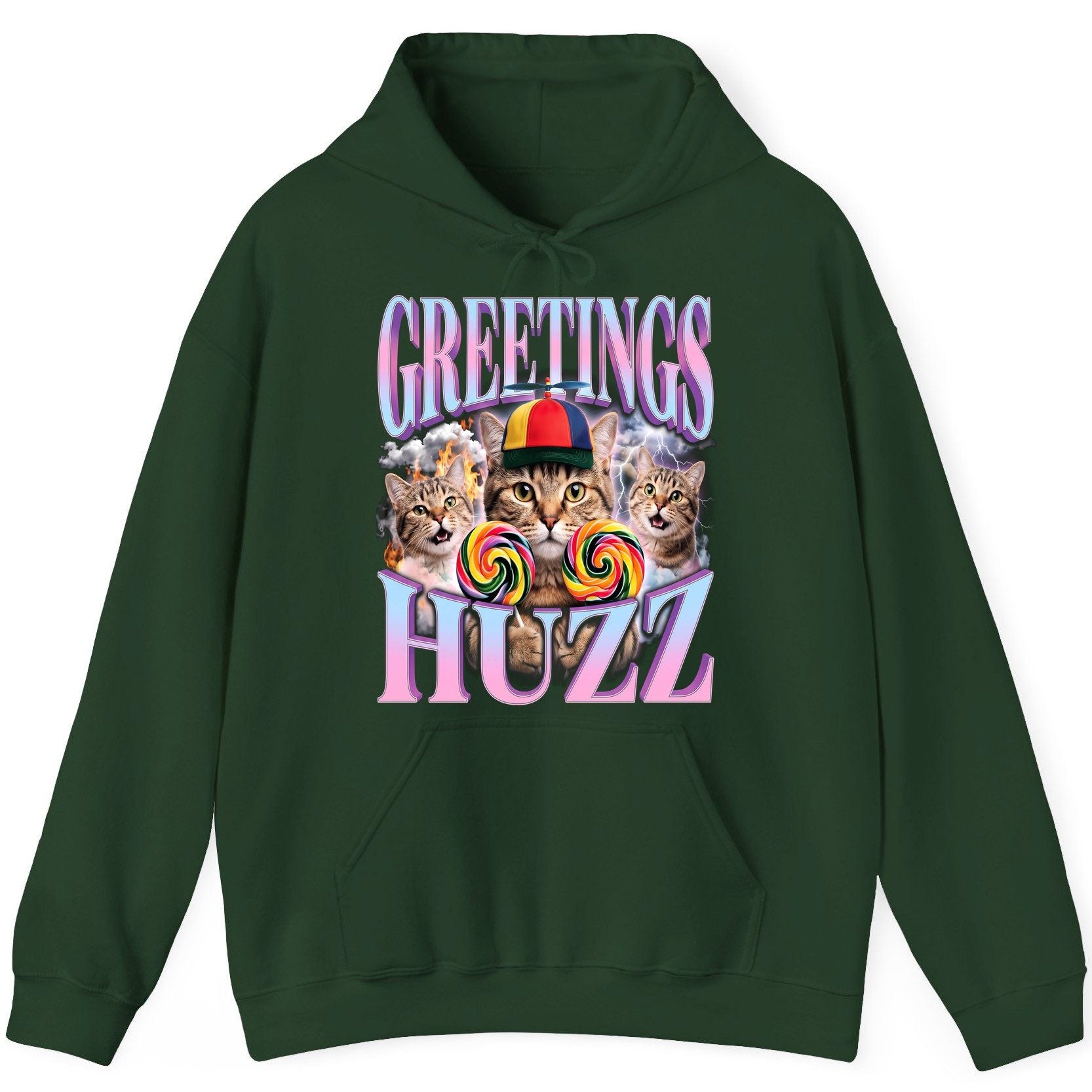 Greetings Huzz Funny Cats Hoodie - product mockup - Forest Green