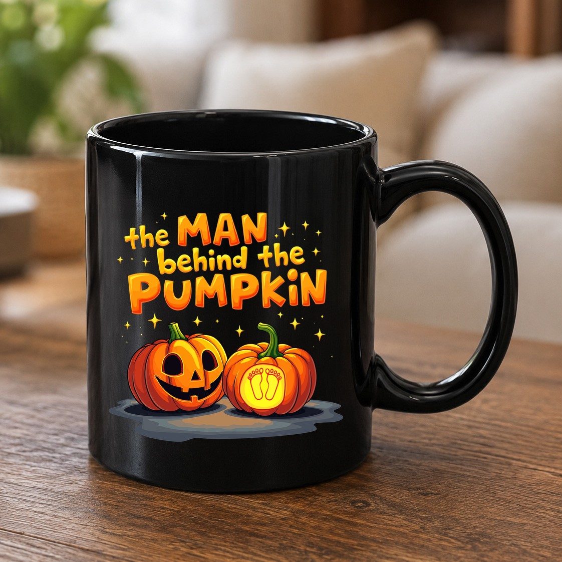 The Man Behind the Pumpkin Halloween pregnancy announcement Black Mug Black product mockup