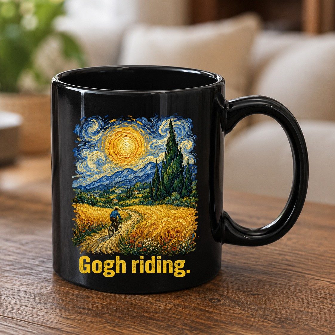 Gogh Riding art parody Black Mug Black product mockup