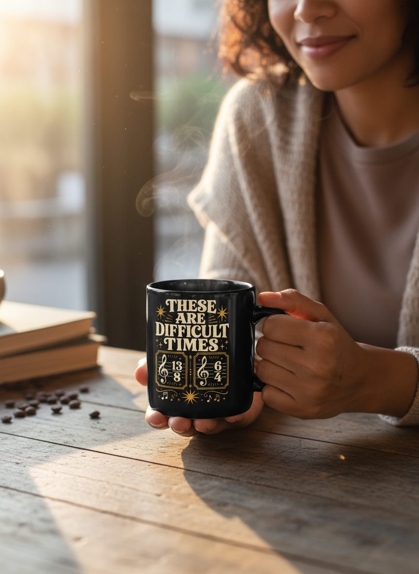 These Are Difficult Times Funny Music Pun Black Mug - lifestyle model mockup - Black