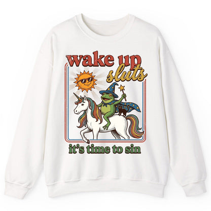 Wake Up Sluts It's Time to Sin Funny Wizard Frog Sweatshirt - product mockup - White