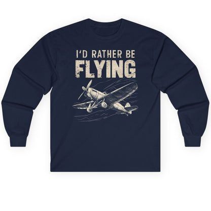 I'd Rather Be Flying vintage propeller plane Long Sleeve Tee Navy product mockup