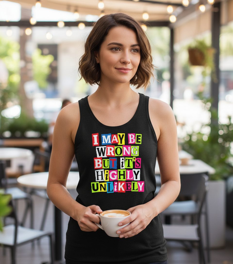 I MAY BE WRONG BUT It's HIGHLY Unlikely Funny Sarcastic Humor Tank Top - lifestyle model mockup - Black
