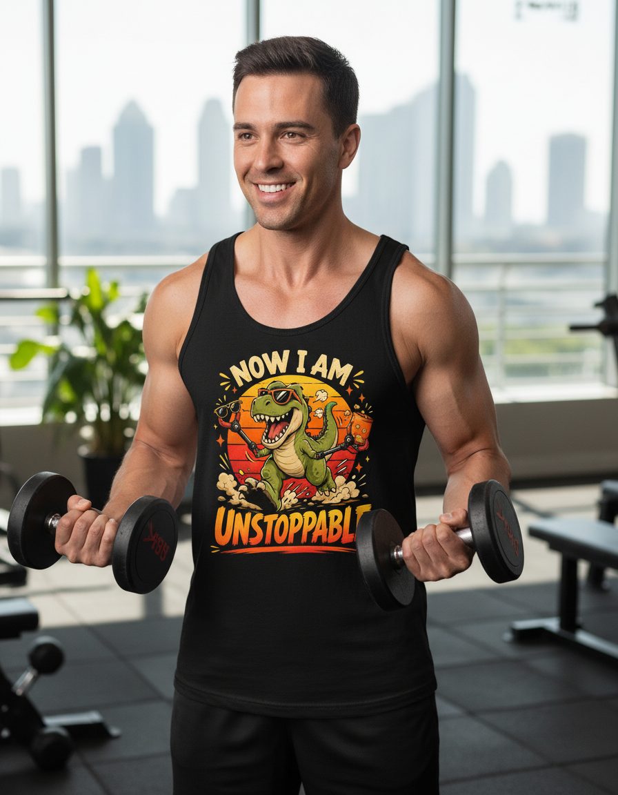 Now I Am Unstoppable Funny T-Rex Dinosaur Tank Top - lifestyle model mockup - Black
