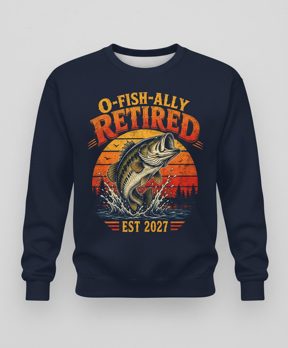 O-Fish-Ally Retired EST 2027 Funny Fishing Sweatshirt - product mockup - Navy