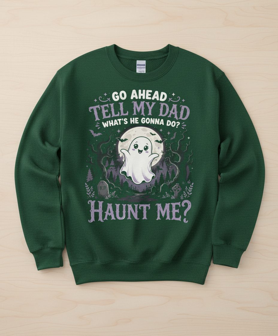 Go Ahead Tell My Dad What's He Gonna Do Haunt Me Sweatshirt - product mockup - Forest Green