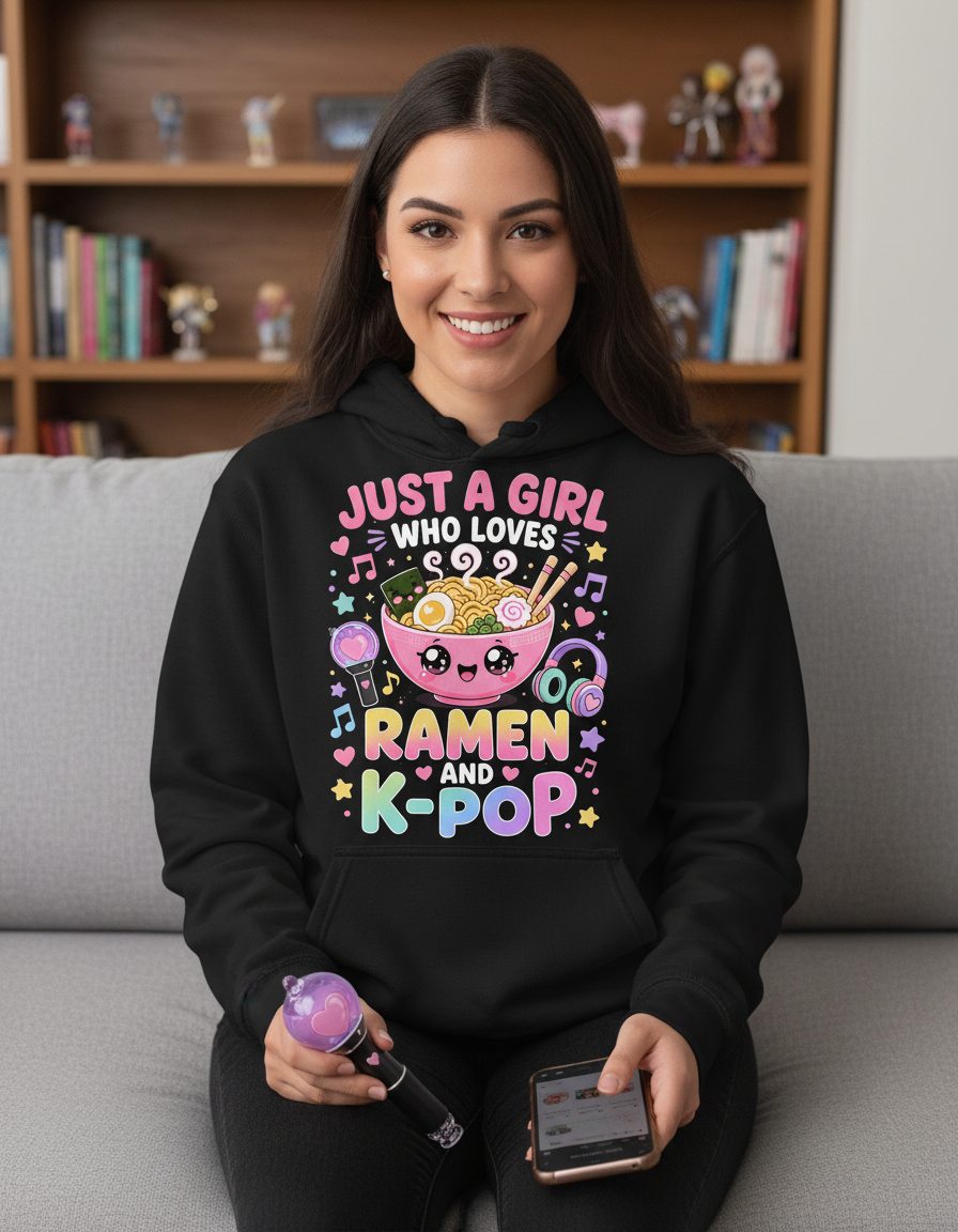Just a Girl Who Loves Ramen and K-Pop K-Pop Fans Hoodie - lifestyle model mockup - Black
