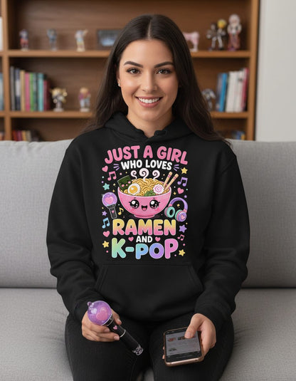 Just a Girl Who Loves Ramen and K-Pop K-Pop Fans Hoodie - lifestyle model mockup - Black