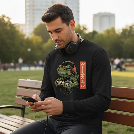 ゲームカエル gaming toad Long Sleeve Tee Black lifestyle mockup