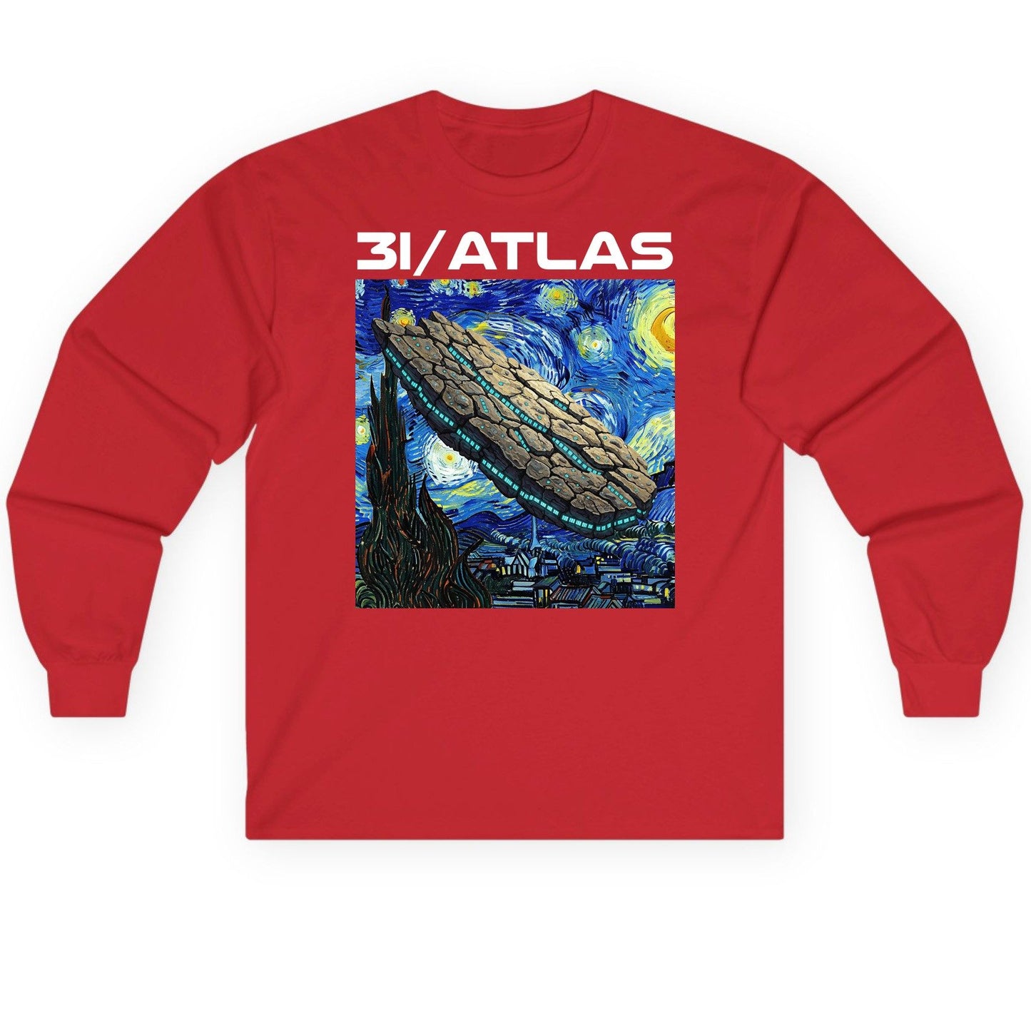 31 Atlas van gogh sci-fi mashup Long Sleeve Tee Red product mockup