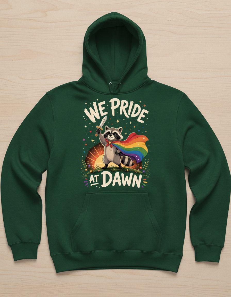 We Pride at Dawn Lgbtq Raccoon Hoodie - product mockup - Forest Green