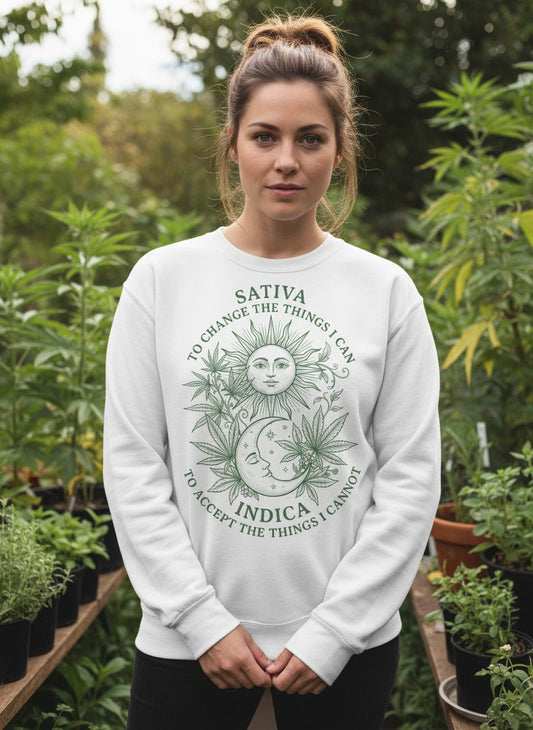 SATIVA TO CHANGE THE THINGS I CAN INDICA TO ACCEPT Sweatshirt - lifestyle model mockup - White