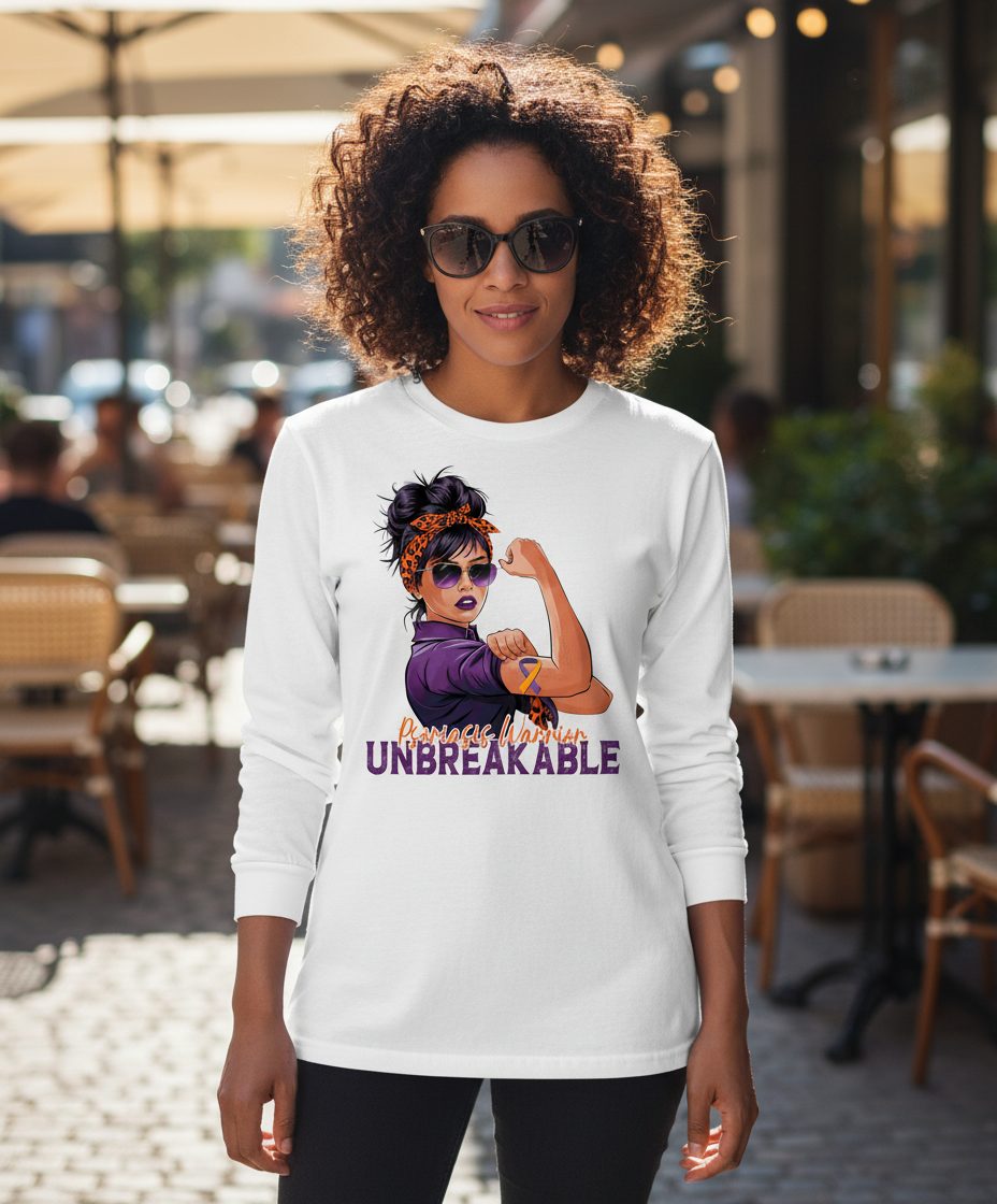 Psoriasis Warrior Unbreakable psoriasis awareness Long Sleeve Tee White lifestyle mockup