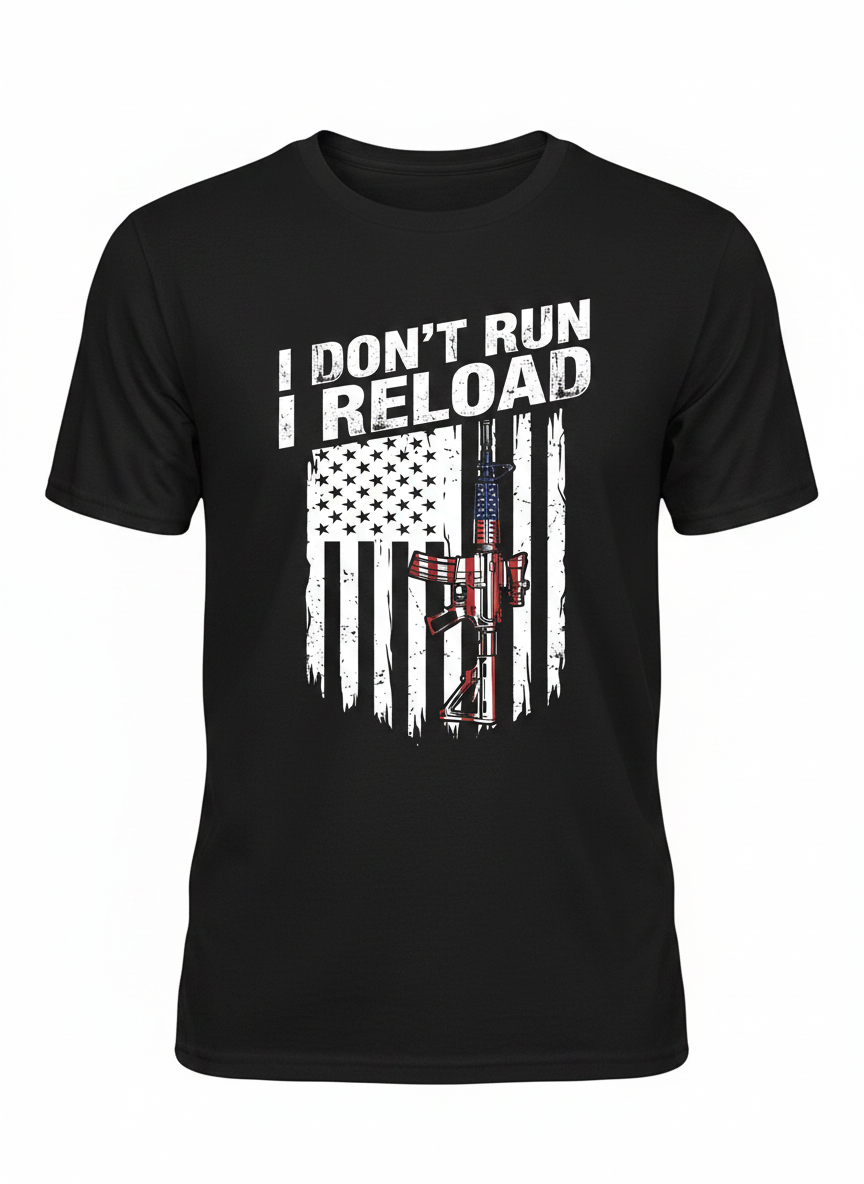 I Don't Run I Reload Patriotic American Flag Rifle T-Shirt - Black