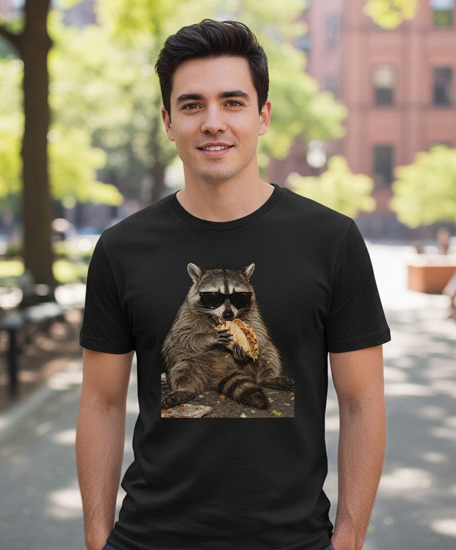 Raccoon Eating Taco Funny Animal Lovers T-Shirt - lifestyle model mockup - Black