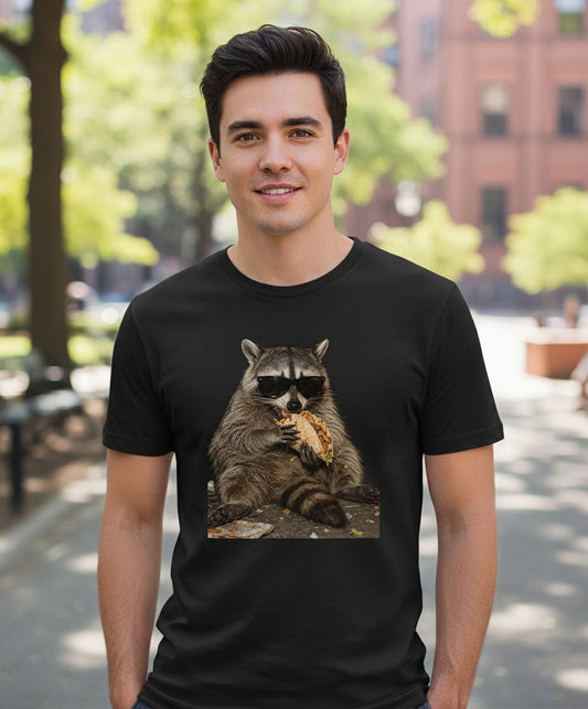 Raccoon Eating Taco Funny Animal Lovers T-Shirt - lifestyle model mockup - Black