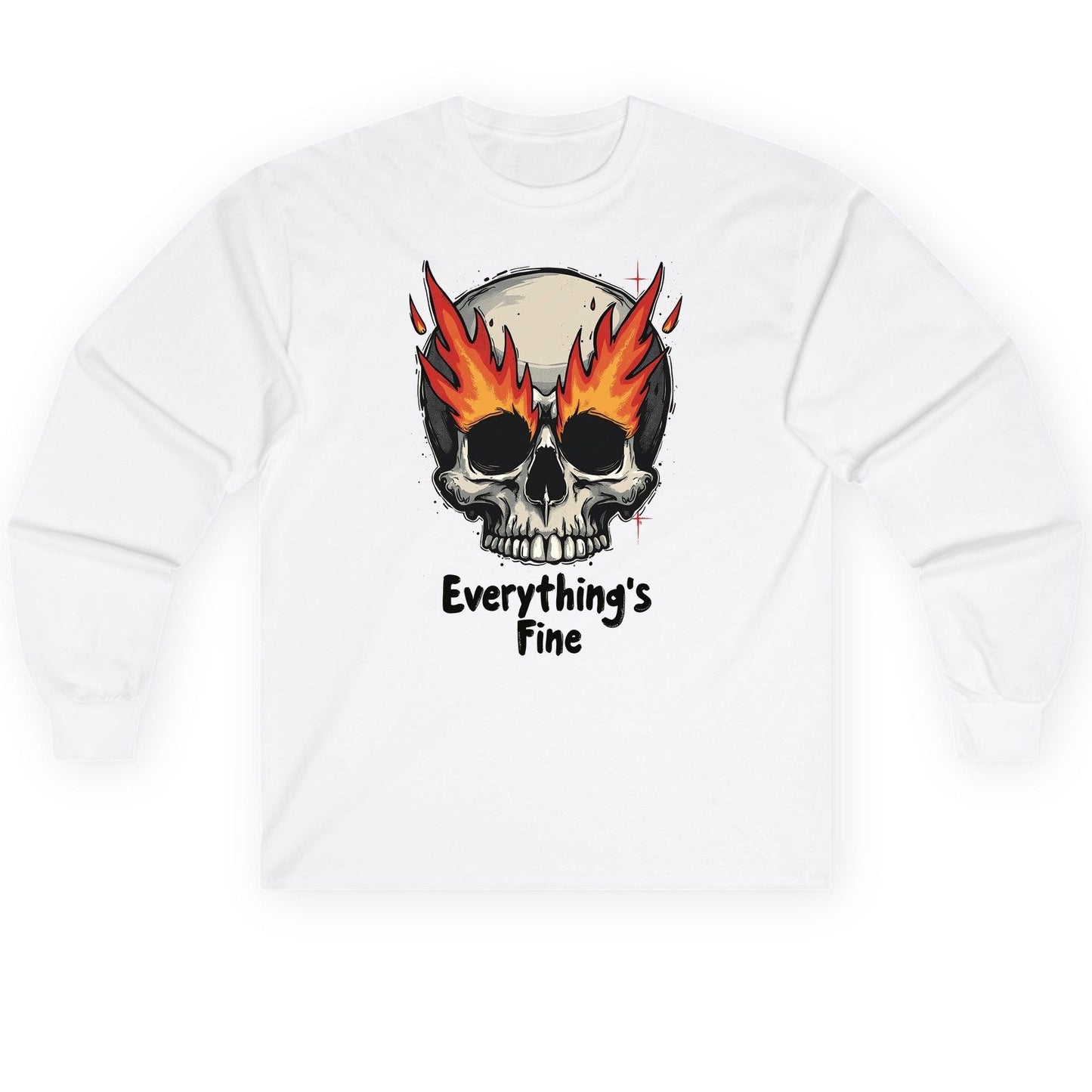 Everything's Fine flaming skull Long Sleeve Tee White product mockup