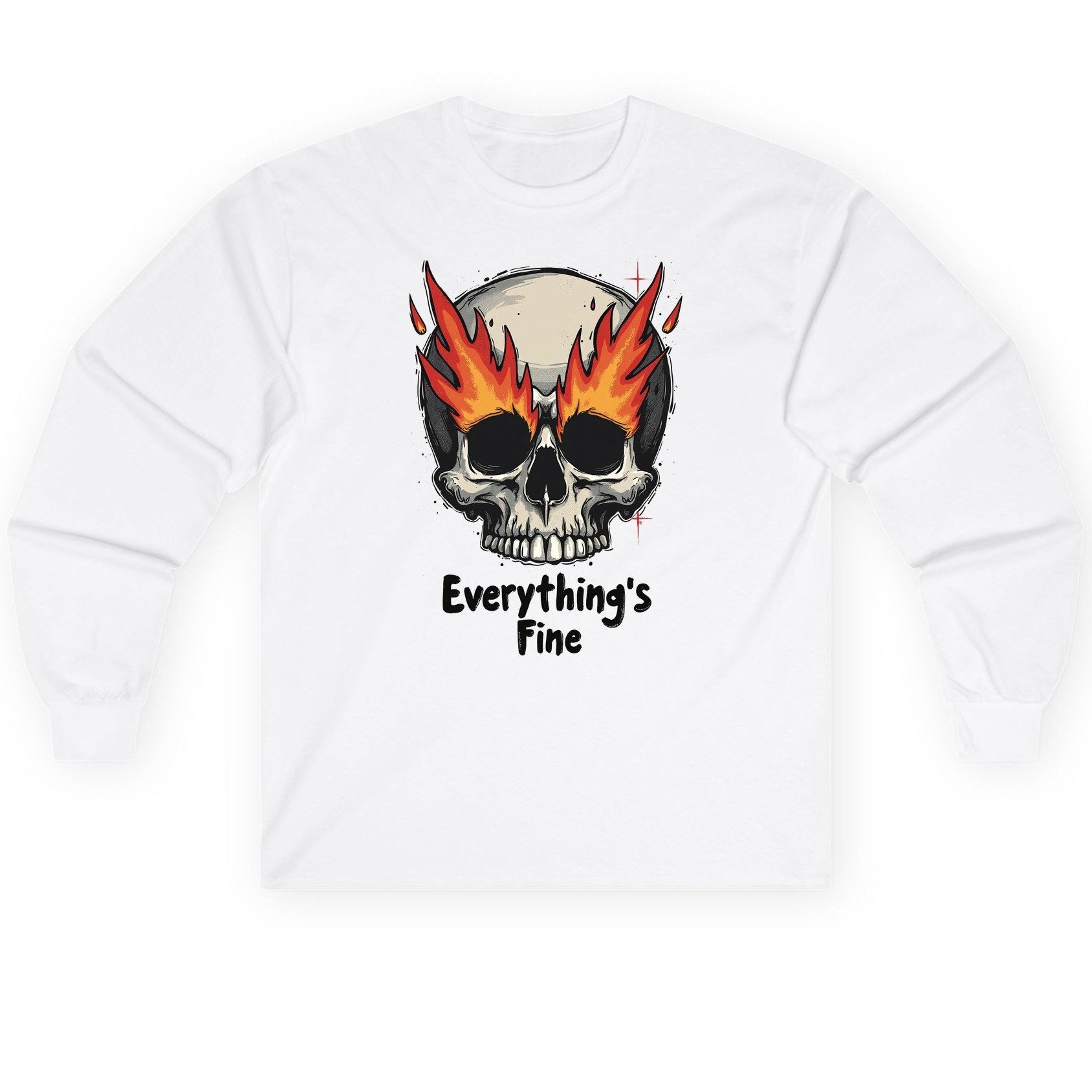 Everything's Fine flaming skull Long Sleeve Tee White product mockup