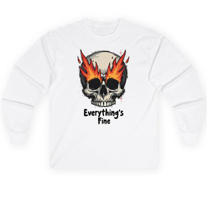 Everything's Fine flaming skull Long Sleeve Tee White product mockup