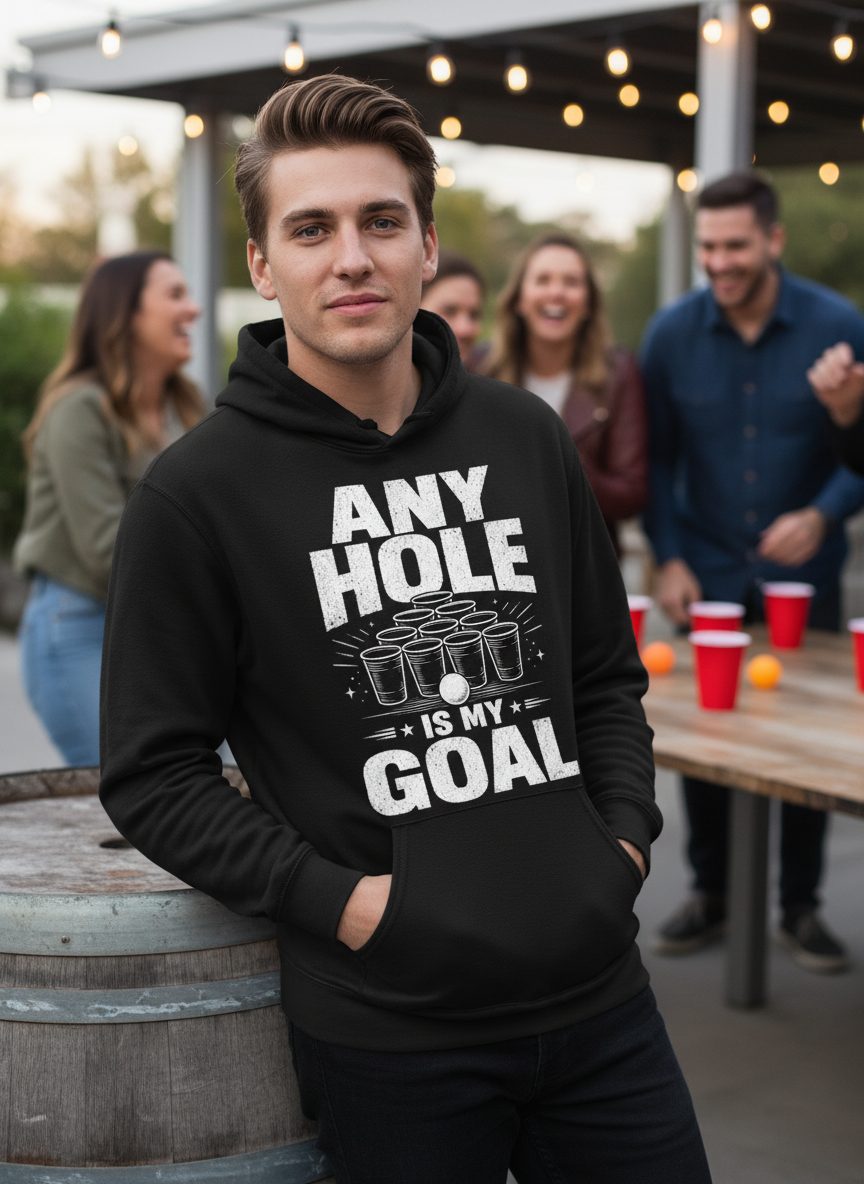 Any Hole Is My Goal Funny Beer Pong Hoodie - lifestyle model mockup - Black