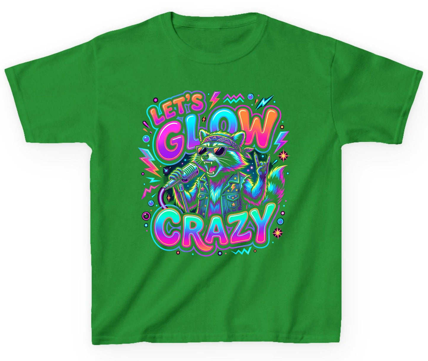 Let's Glow Crazy Funny Rockstar Raccoon Youth T-Shirt - product mockup - Irish Green