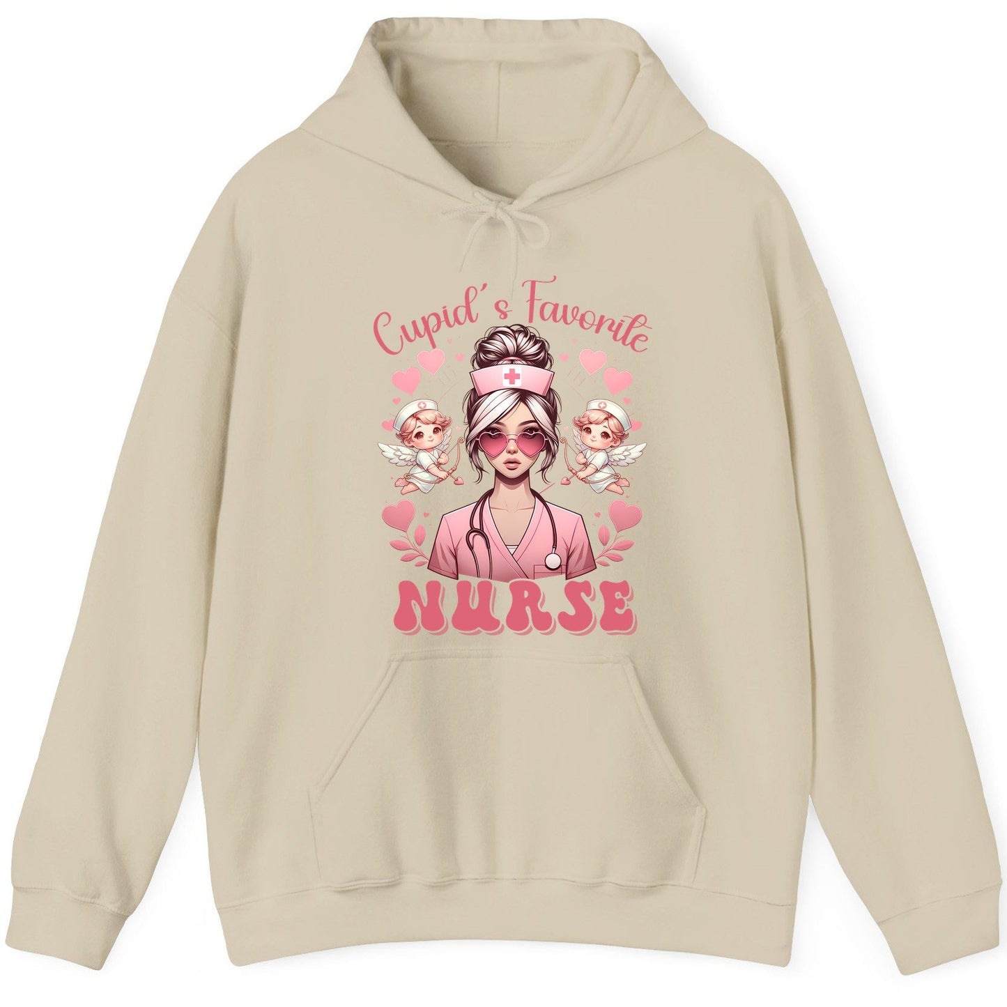 Cupid's Favorite Nurse nurse Hoodie Sand product mockup