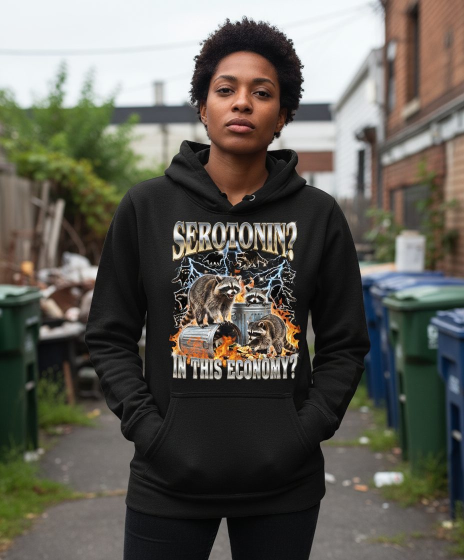 Serotonin in This Economy? raccoons Hoodie Black lifestyle mockup