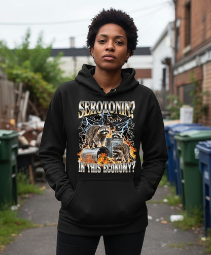 Serotonin in This Economy? raccoons Hoodie Black lifestyle mockup
