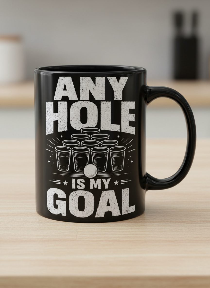 Any Hole Is My Goal Funny Beer Pong Black Mug - product mockup - Black