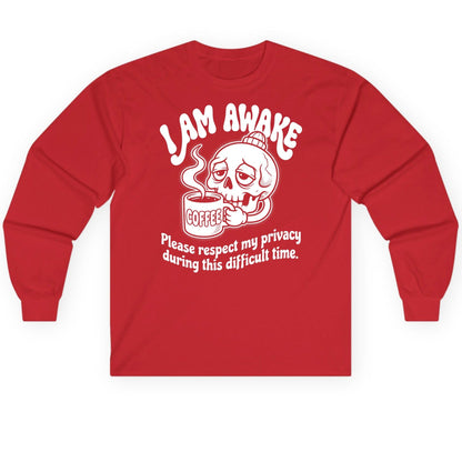 I Am Awake Please Respect My Privacy During This Difficult Time skull drinking coffee Long Sleeve Tee Red product mockup
