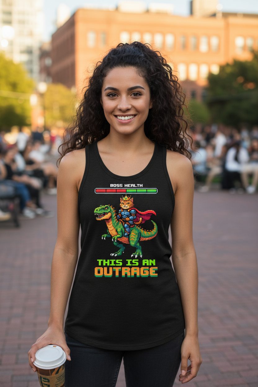 THIS IS AN OUTRAGE Cat riding a dinosaur Tank Top Black lifestyle mockup