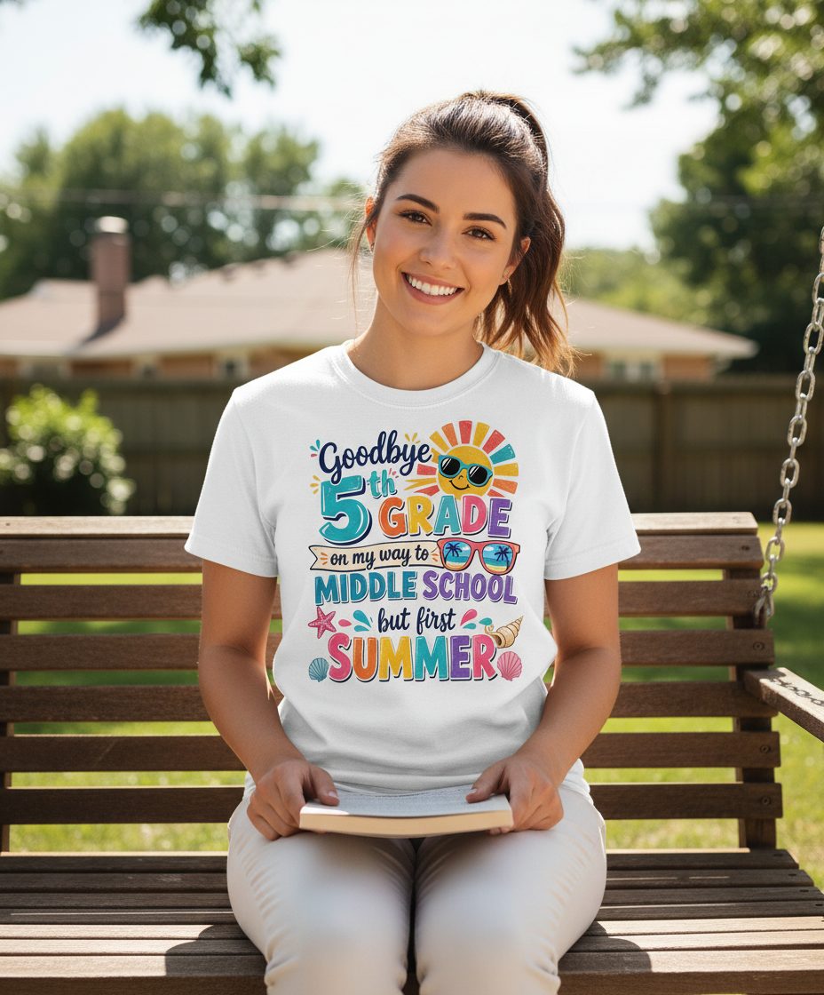 Goodbye 5th GRADE on My Way to MIDDLE SCHOOL but First SUMMER T-Shirt - lifestyle model mockup - White