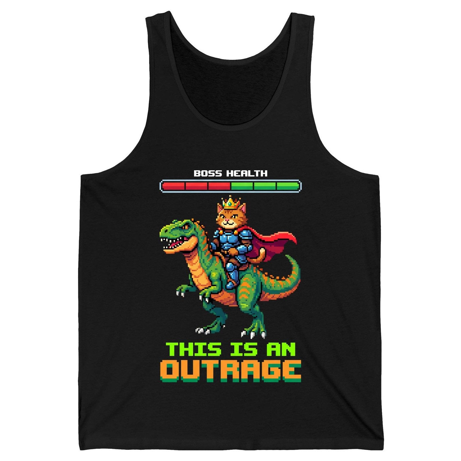 THIS IS AN OUTRAGE Cat riding a dinosaur Tank Top Black product mockup