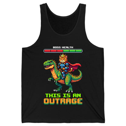 THIS IS AN OUTRAGE Cat riding a dinosaur Tank Top Black product mockup