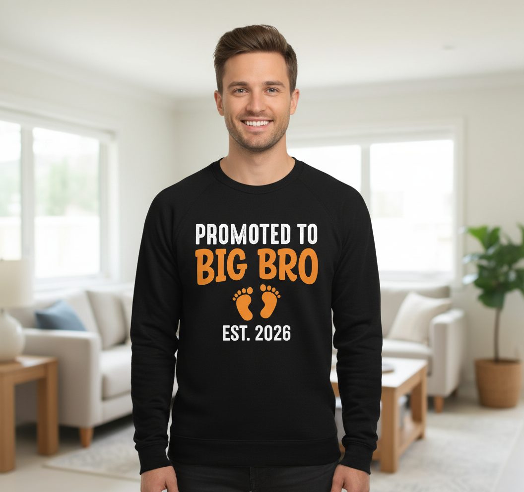 Promoted TO BIG BRO EST 2026 Pregnancy Announcement Sweatshirt - lifestyle model mockup - Black