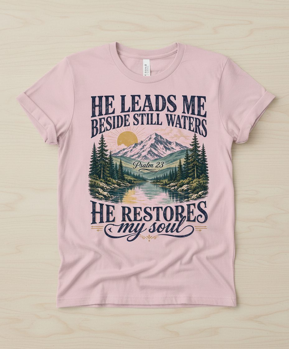 He Leads Me Beside Still Waters He Restores My Soul T-Shirt - product mockup - Light Pink