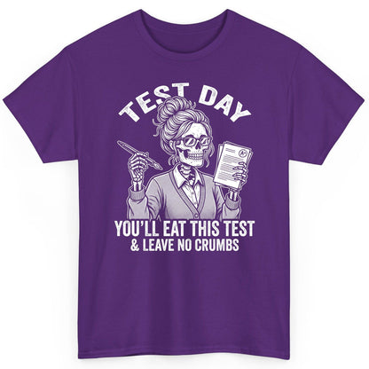 You'll Eat This Test & Leave No Crumbs Funny Day T-Shirt - product mockup - Purple