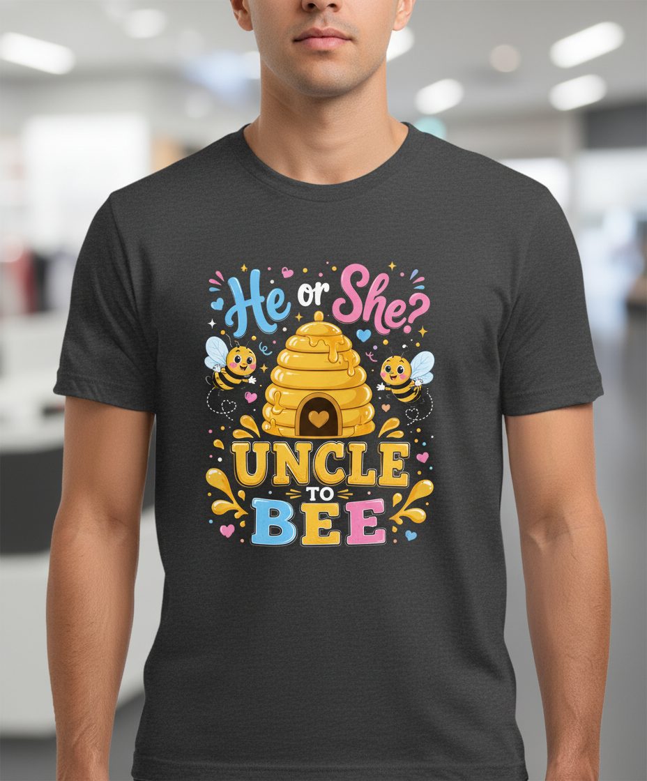 He or She Uncle to Bee Gender Reveal T-Shirt - product mockup - Dark Heather
