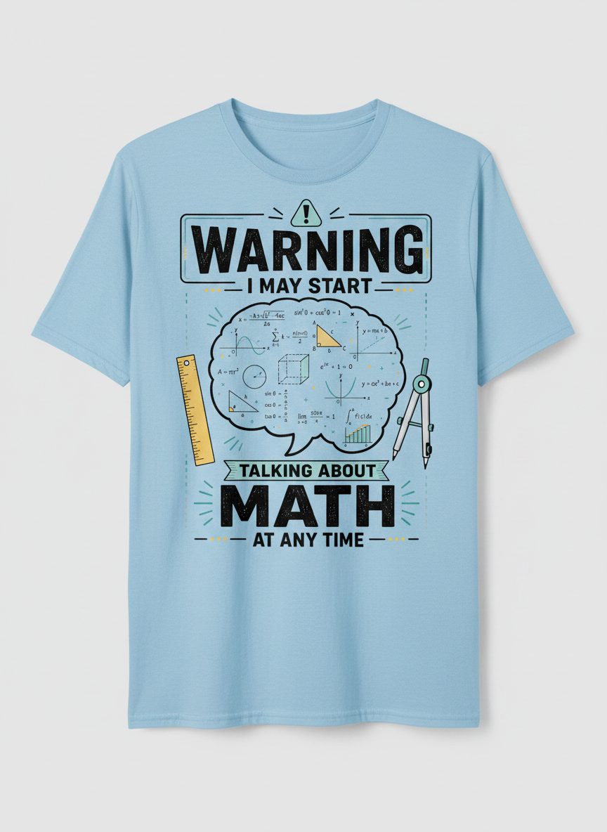 Warning I May Start Talking About Math at Any Time Funny Teachers T-Shirt - product mockup - Light Blue