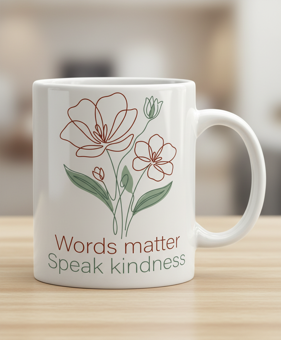 Words Matter Speak Kindness Floral Line Art White Mug - White